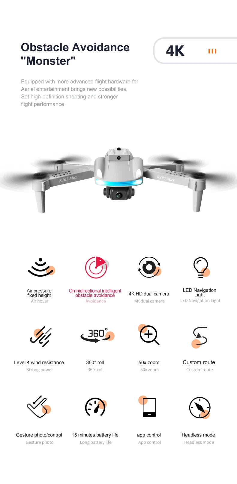 JINHENG K105 Max Drone - 4K HD Dual Camera With Obstacle Avoidance WiFi Fpv Foldable Quadcopter Toys For Children Hobbie 26 JINHENG K105 Max Drone, obstacle avoidance 4k "monster" equipped with more advanced flight