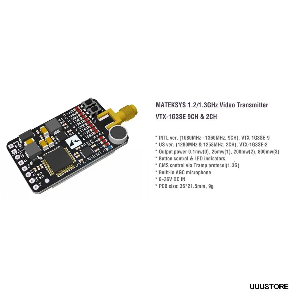 Matek System VTX-1G3SE-9 Transmitter - 1.2G/1.3GHz 9CH INTL 0.1mW/25mW/200mW/800mW FPV Transmitter For racing drone Goggles instead VTX-1G3-9 12 Matek System VTX, MATEKSYS 1.2/1.3GHz Video Transmitter VTX-1G3