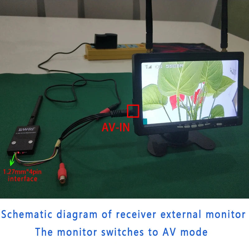 5.8Ghz 48CH 2W VTX, EWRF AV-IN 1,27mm"4pin interface The monitor switches to