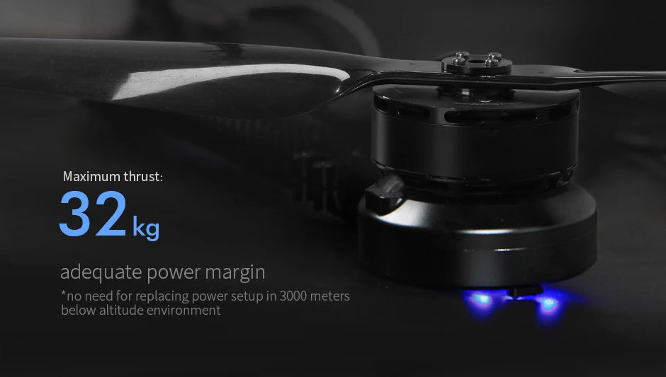T-motor, maximum thrust: 32kg adequate power margin *no need for replacing power setup in 3000