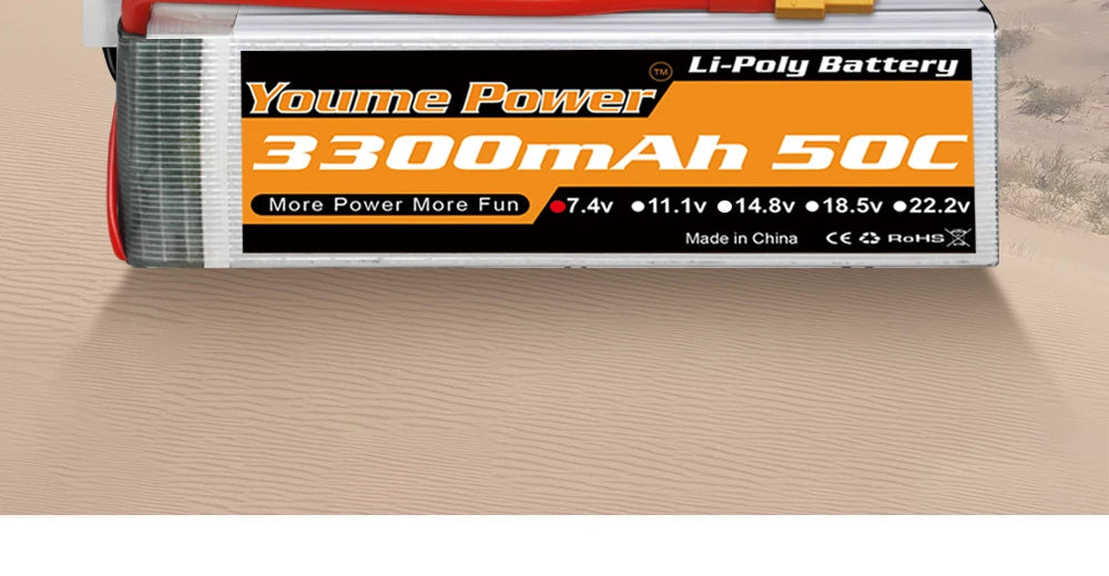 2PCS Youme 7.4V 2S Lipo Battery, Youme Power 33OmAh Soc More Power More Fun 7.4v 11.1v 1