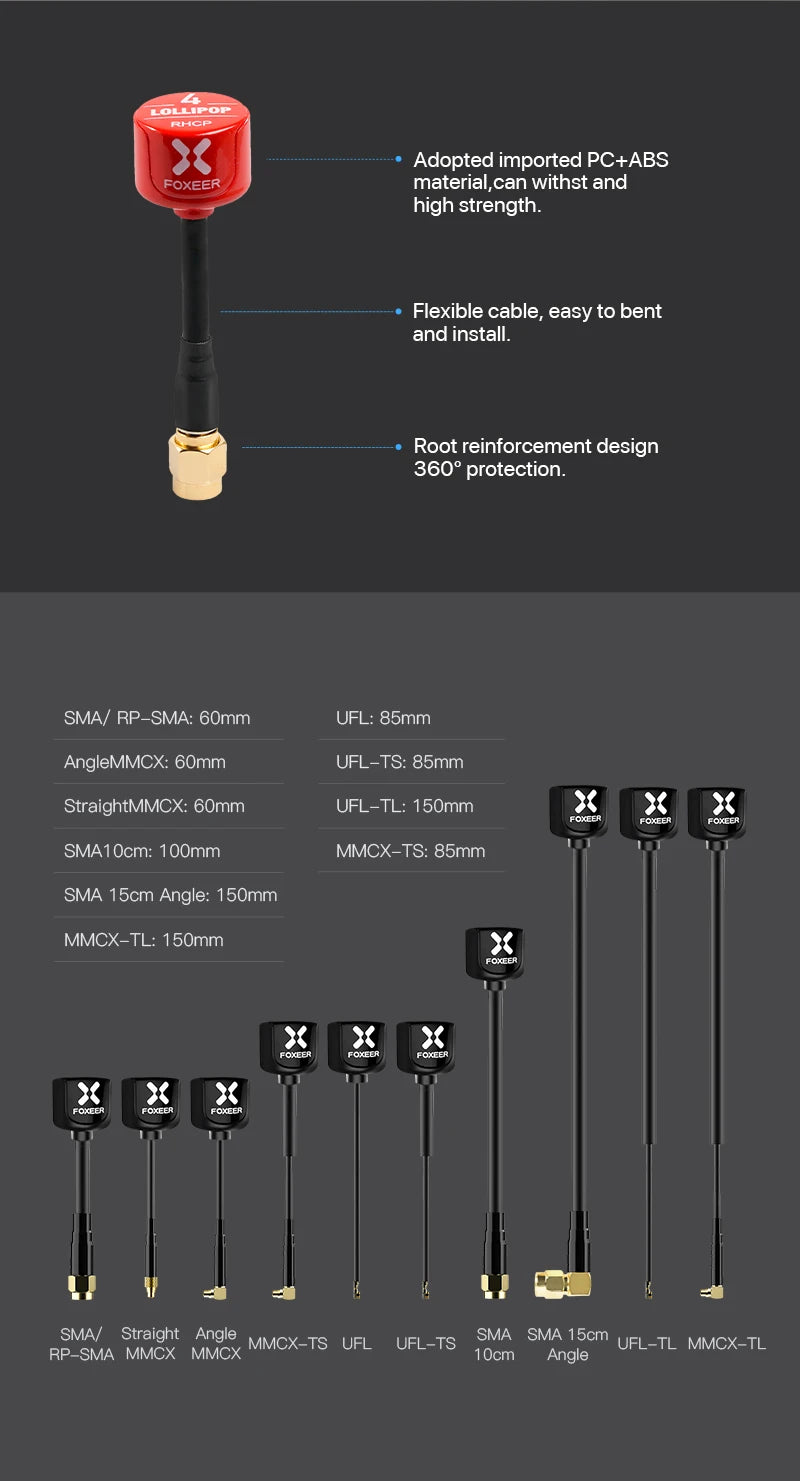 2PCS Foxeer Lollipop V4 Lollipop Omni 5.7G 2.6DBI Antenna RHCP LHCP SMA MMCX Right Straight RHCP UFL Super Mini for RC FPV Drone 28 ColLicr RNCi Adopted imported PC+ABS FOXEER material
