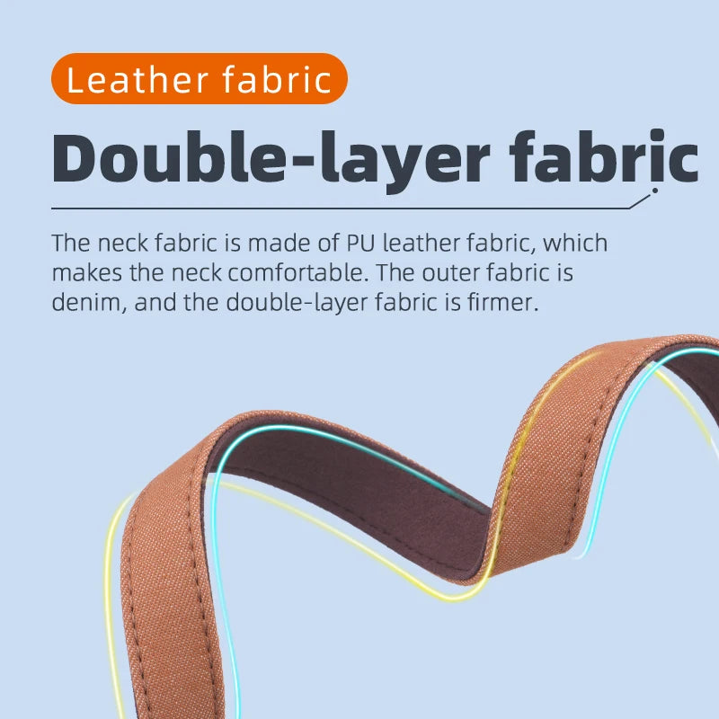leather fabric The neck fabric is made of PU leather fabric . the outer fabric is den