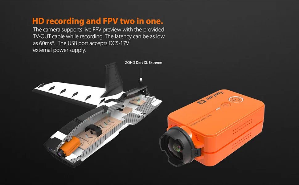RunCam2 Camera, the camera supports live FPV preview with the provided TV-OUT cable while recording .