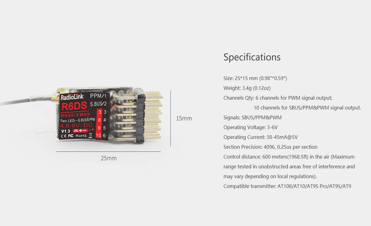 Radiolink mini osd R12DSM R9DS R8FM R8EF R8FM R6DSM R6FG R8SM R7FG SUI04 Rc Receiver 2.4G Signal for RC Transmitter 30 RadioLink PPM/1 Channels Qty: 6 channels for PWM signal output;
