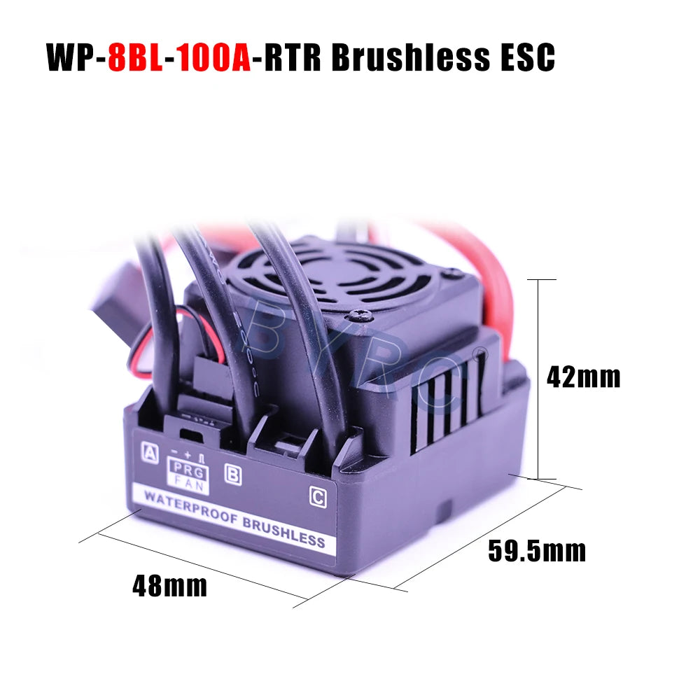 Waterproof ESC for 1/10 to 1/6 RC cars with compact design and adjustable power range.
