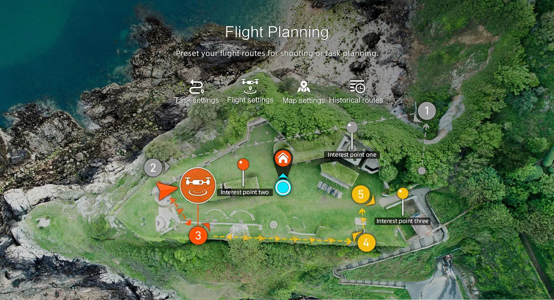 FIMI X8SE 2022 Drone, Preset your flight routes for shooting or-task planning 2 Task settings Flight settings Map settings Historical