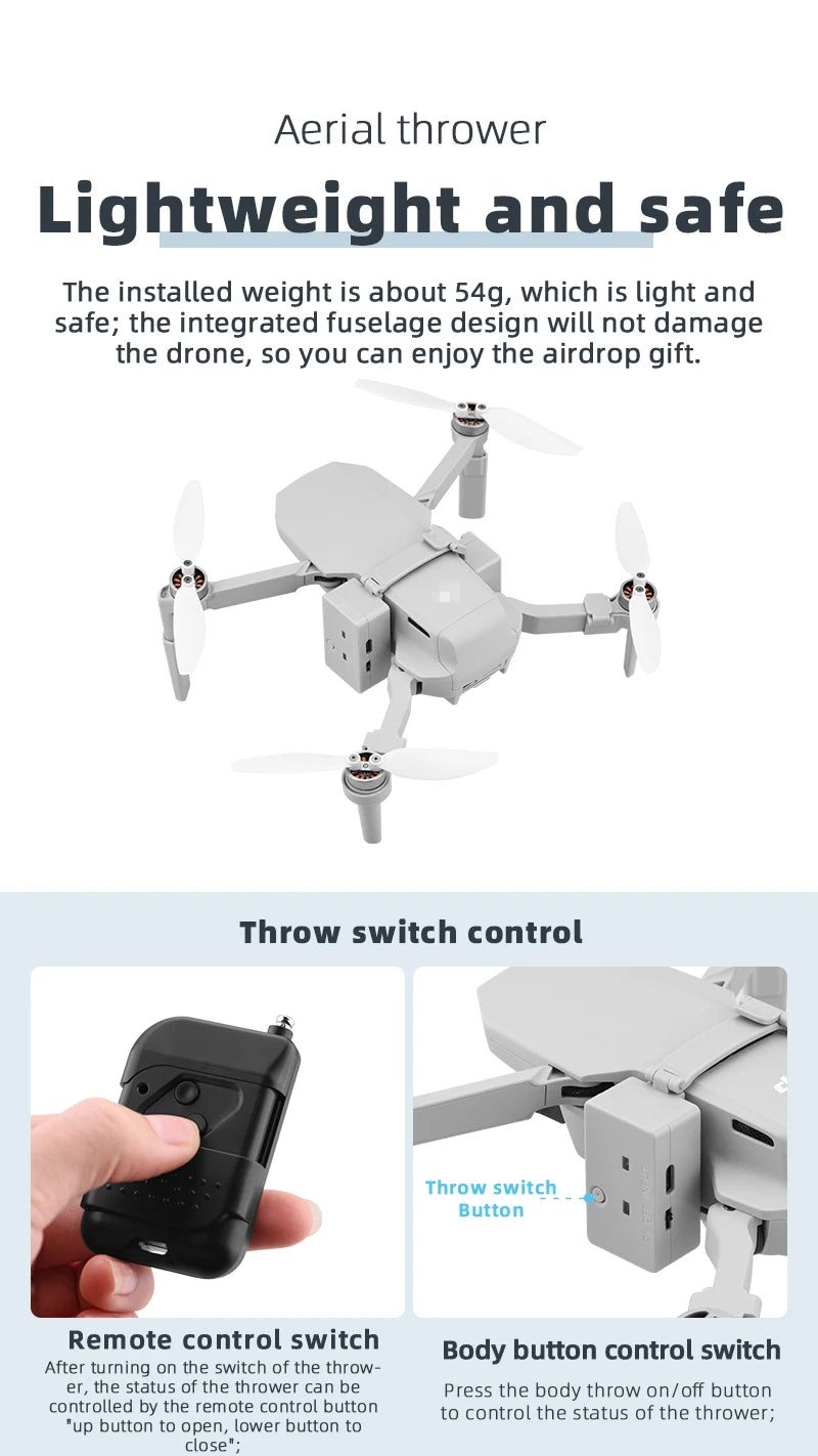 Airdrop System for DJI Mavic 3/2 Pro Zoom AIR 2 Mini 2/Mini 3 Drone Fishing Bait Wedding Ring Gift Deliver Life Rescue Thrower 56 Aerial thrower Lightweight and safe The installed weight is about 54g, which is