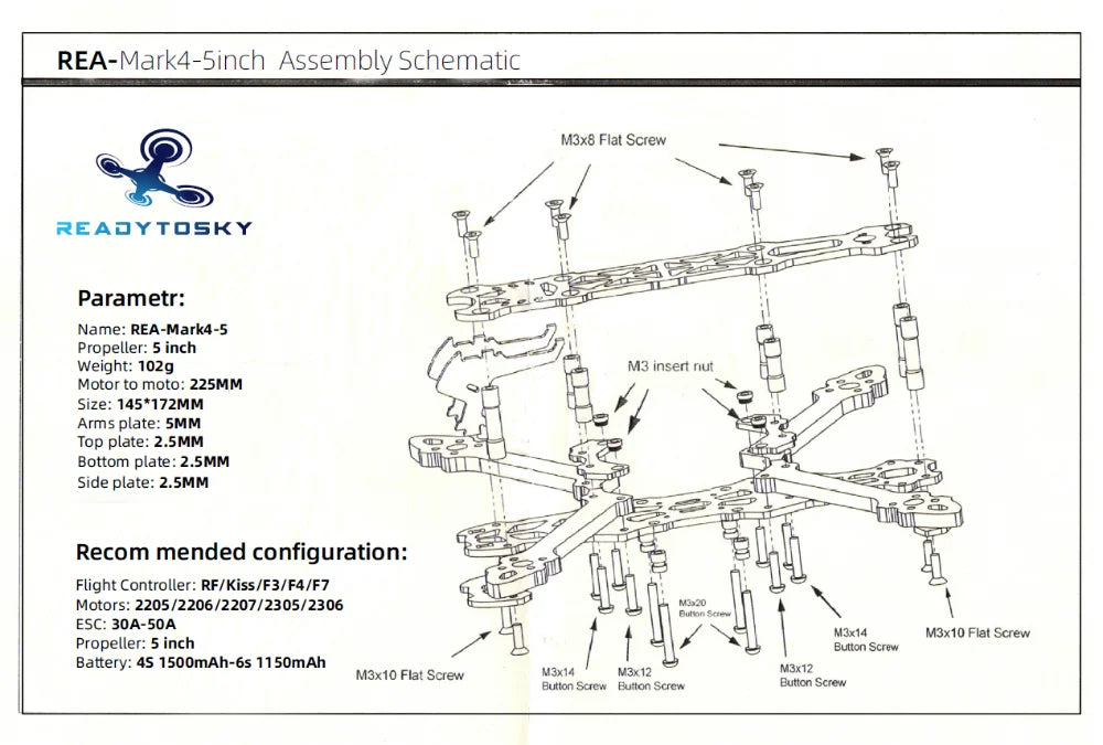 Mark4 5inch FPV Frame, REA-Mark4-Sinch Assembly Schematic M3x8 Flat Screw REA