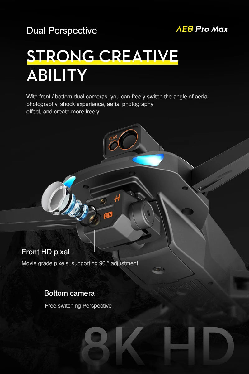 AE8 Pro Max Drone, Dual Perspective AE8 Pro Max STRONG CREATIVE ABILITY With front bottom
