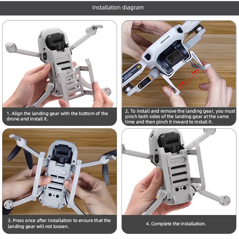 Landing Gear. pinch both sides of the landing gear at the same time and then pinch it inward to install