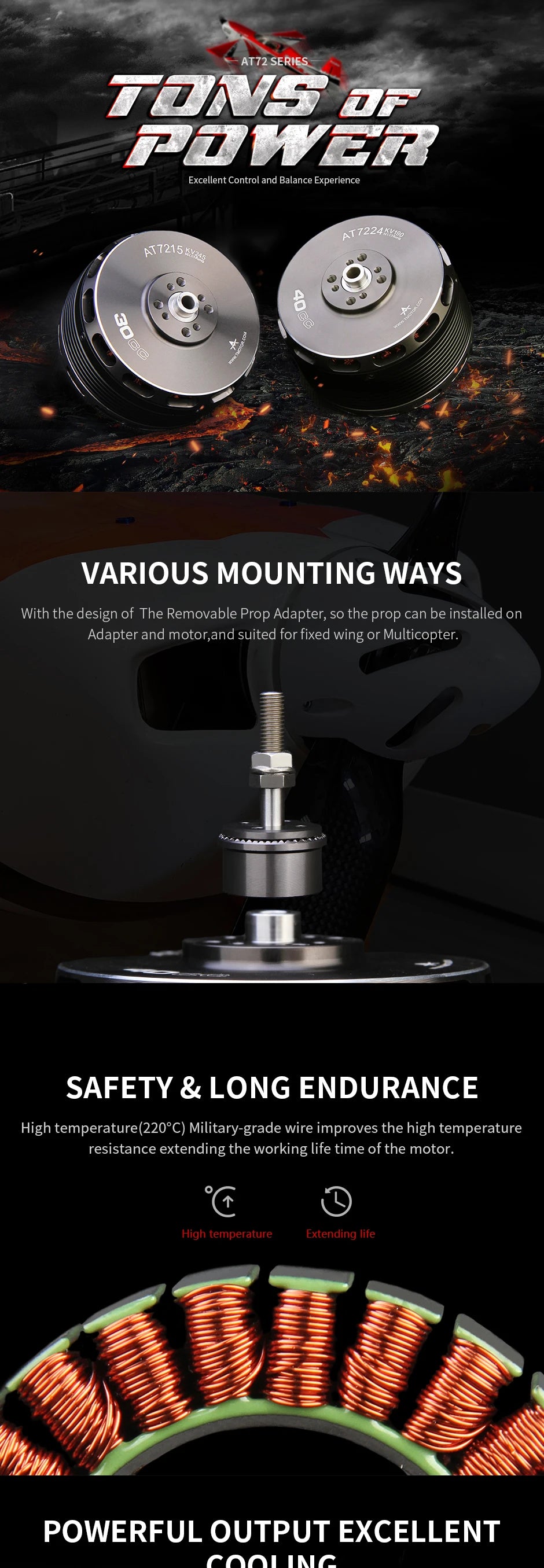 T-motor AT7215 Brushless Motor - KV200 KV220 KV245 KV270 Max Thrust 14KG Drone Motor For RC Drone Fixed Wing 120E-170E Aircraft, 30-40CC 7 T-motor AT7215 Brushless Motor