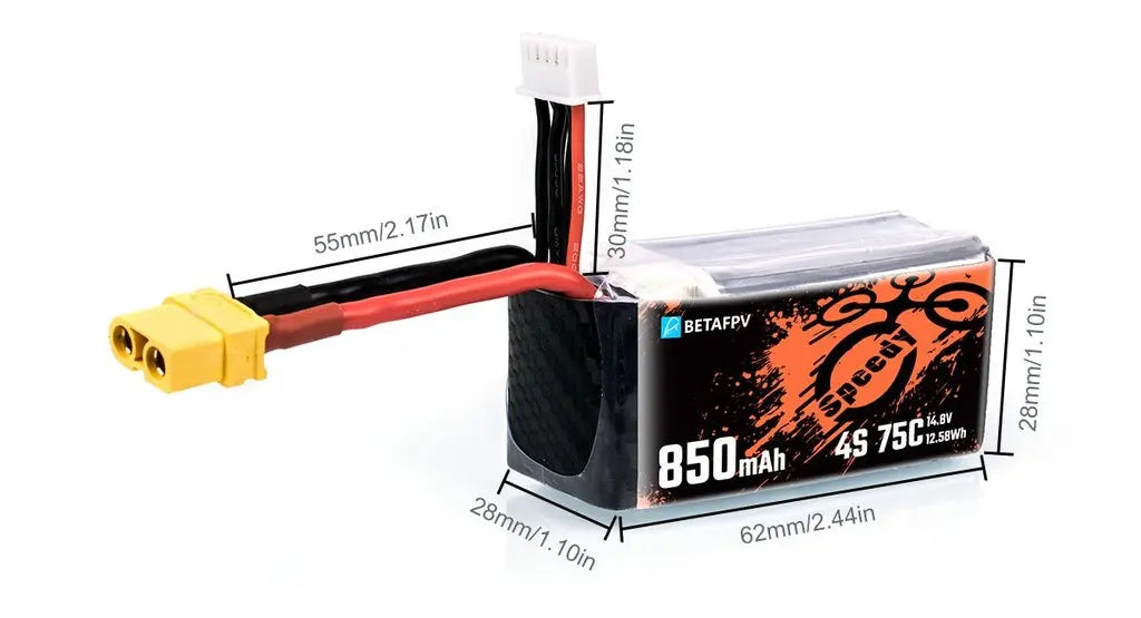 BETAFPV 850mAh 4S battery is perfectly suitable for the 3-5 inch Too