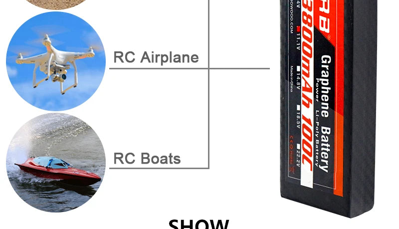 HRB 3800mah Graphene 7.4V 11.1V Lipo Battery 2S 3S 4S 100C 14.8V XT90 XT60 Deans T EC5 RC Airplanes Car Parts 5S 18.5V 6S 22.2V 11 graphene will increase discharge rate, capacity and life . graphen