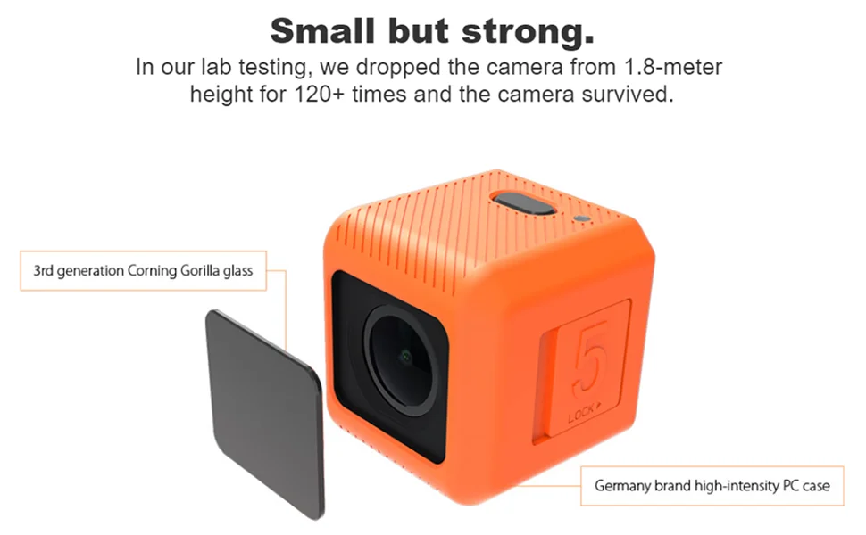RunCam 5 Action Camera, camera was dropped from 1.8-meter height for 120+ times and survived . 3r