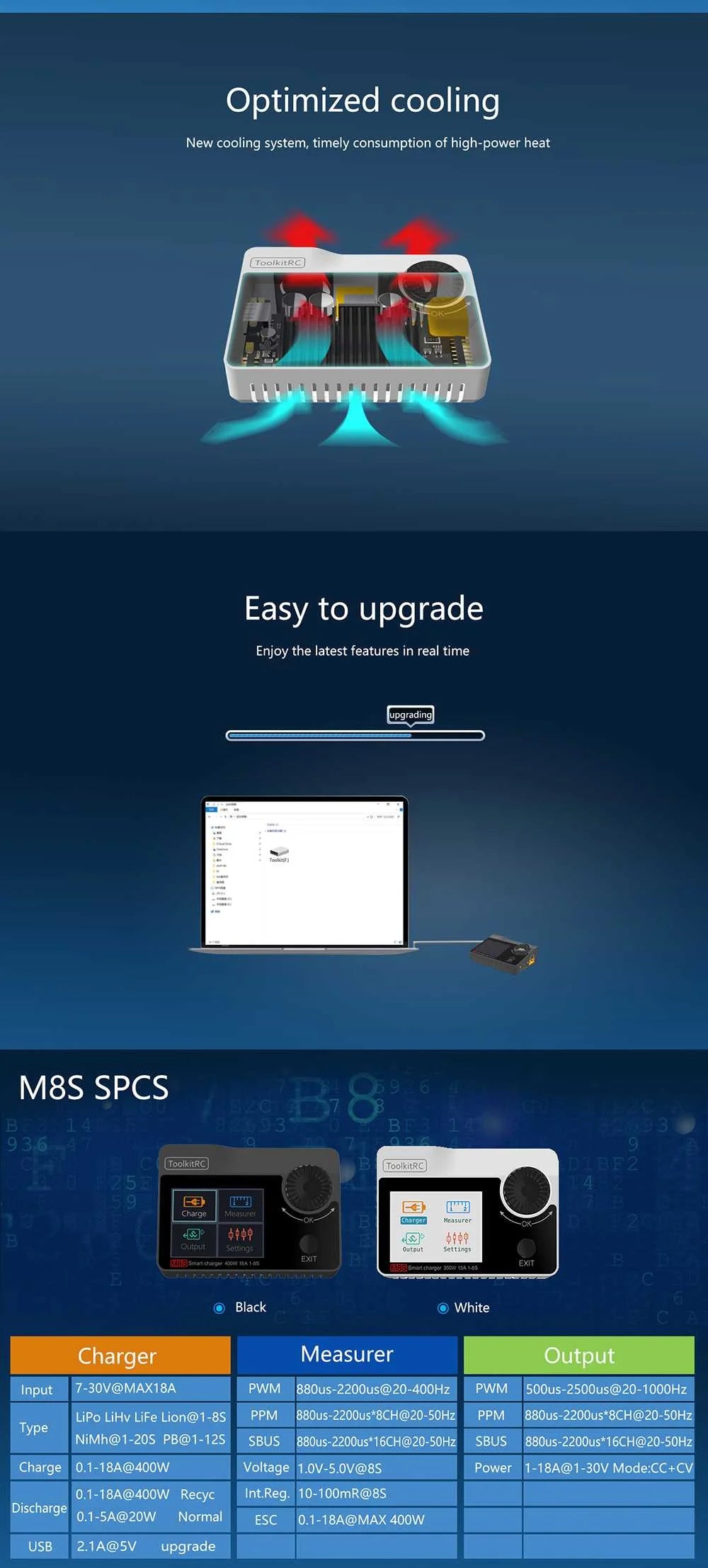 ToolkitRC M8S Charger - 400W 18A 2.4 TFT inch Color LCD Screen Balance Charger Discharger for 2S - 8S Lipo For Rc racing drone battery charger 8 ToolkitRC M8S Charger, RC M8S Charger -