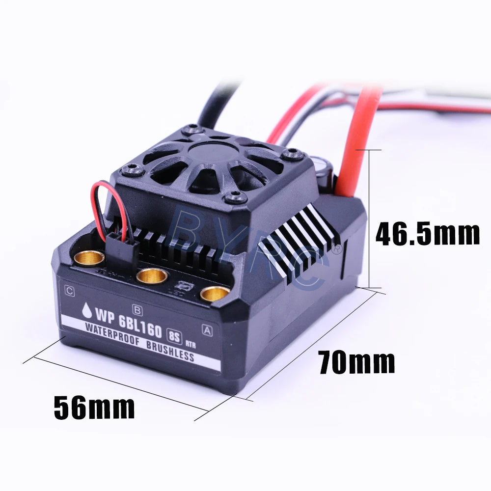 Waterproof ESC for 1/6 to 1/7 scale touring cars, buggies, and trucks with sensorless brushless tech.