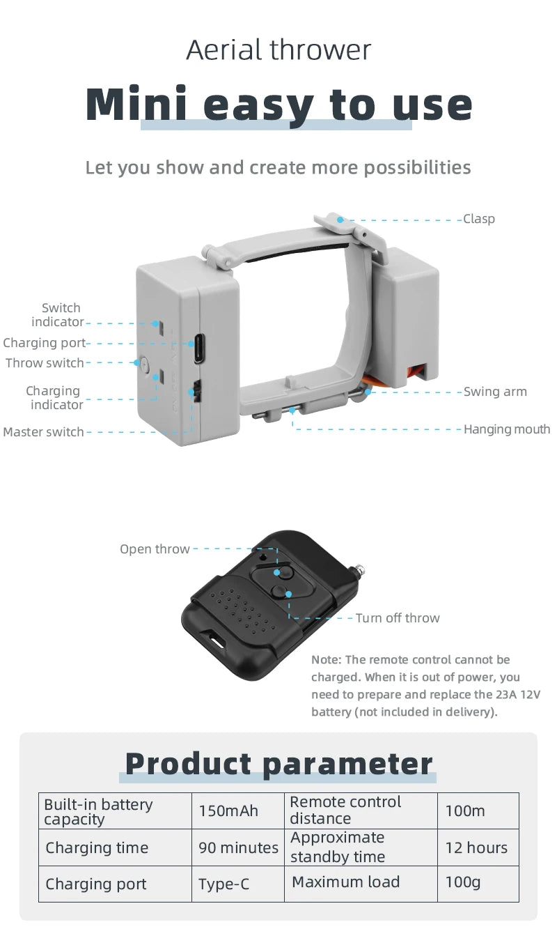 Airdrop System for DJI Mavic 3/2 Pro Zoom AIR 2 Mini 2/Mini 3 Drone Fishing Bait Wedding Ring Gift Deliver Life Rescue Thrower 54 Aerial thrower Mini easy to use Clasp Switch indicator Charging port -
