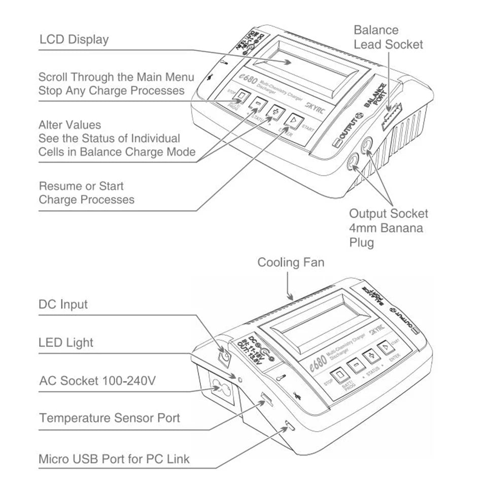 SKYRC e680, LCD Display Lead Socket Scroll Through the Main Menu Stop Any Charge Processes Alter Value
