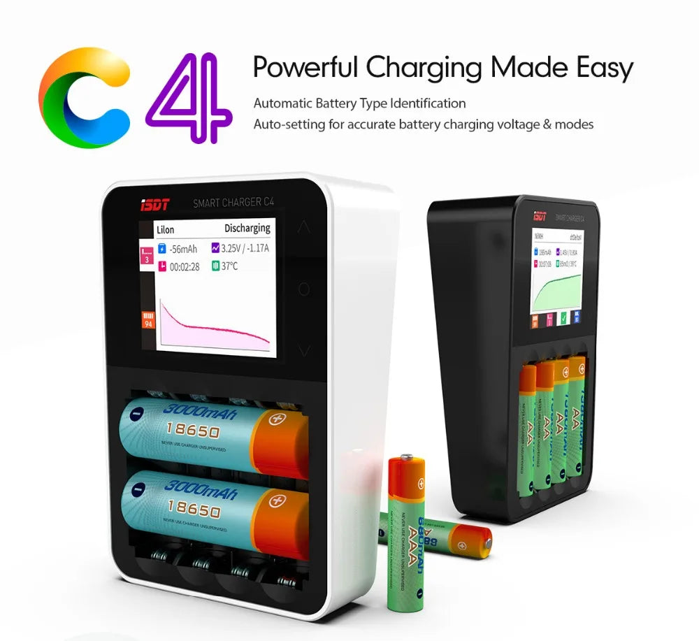 ISDT C4 EVO Smart Battery Charger, Powerful Charging Made CA Automatic Battery Type Identification Auto-setting for accurate battery charging voltage 