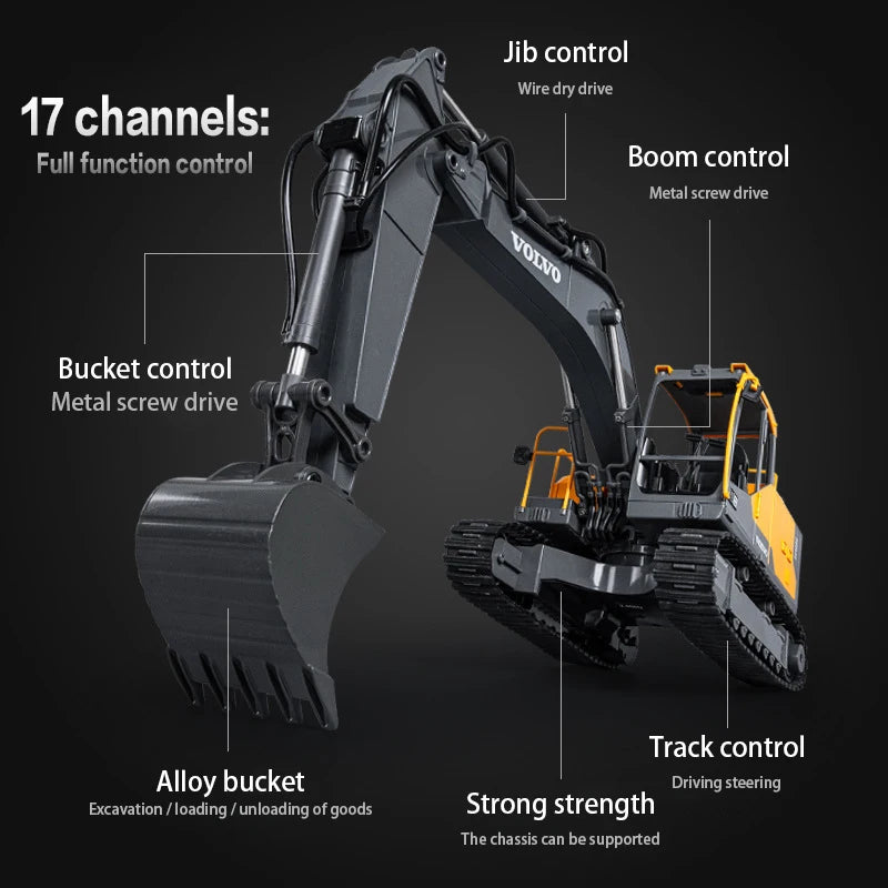 17-channel RC excavator with alloy bucket, metal screw drives, track control, and durable chassis for realistic, full-function operation.