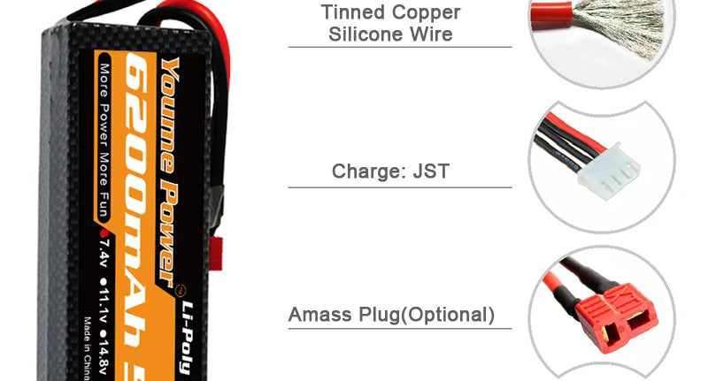 2PCS Youme Lipo 2S 3S 4S 5200mah 6200mah Battery, Tinned Copper Silicone Wire  3  Charge: JST 8 1