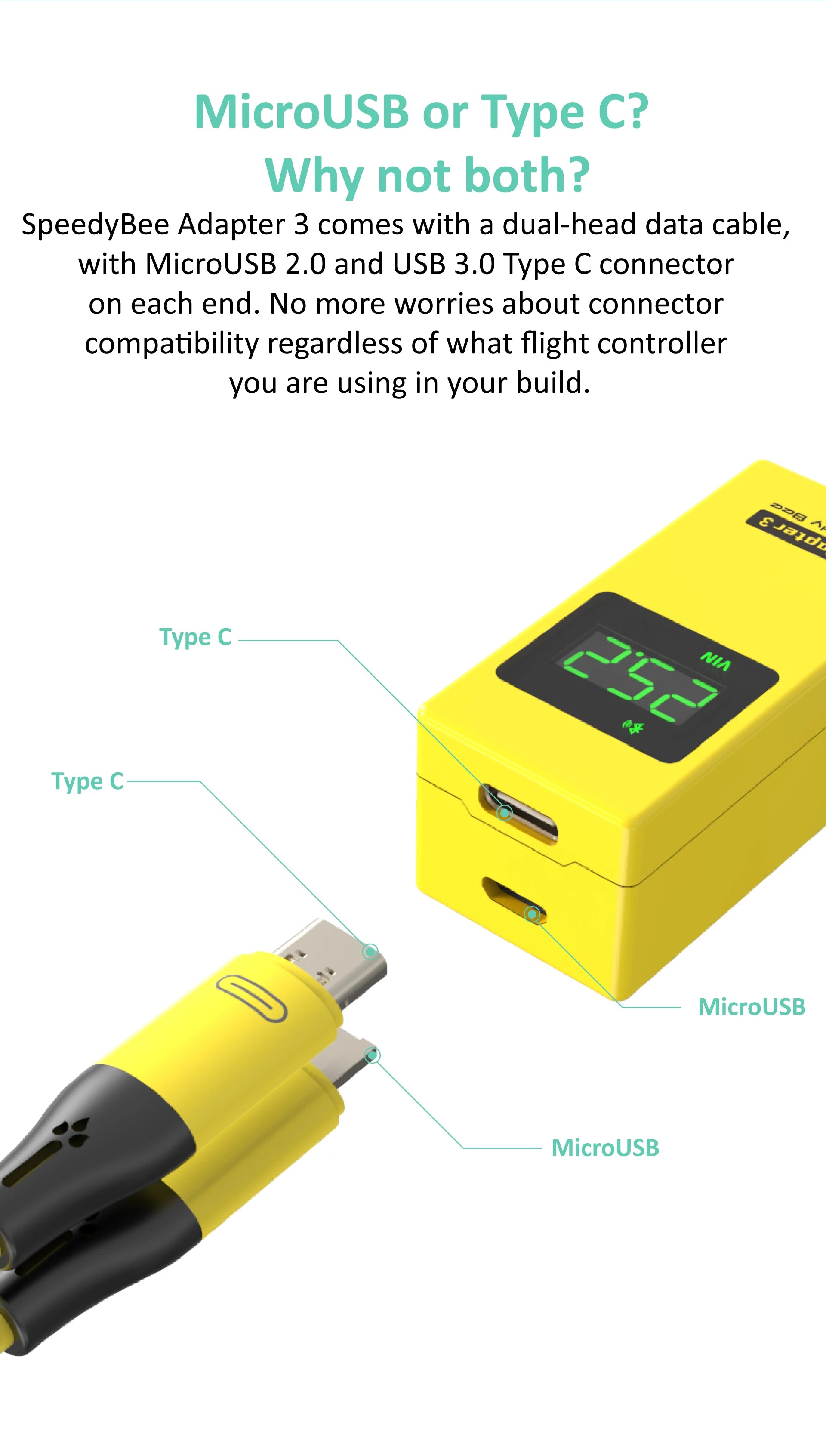 SpeedyBee Adapter 3 comes with a dual-head data cable .