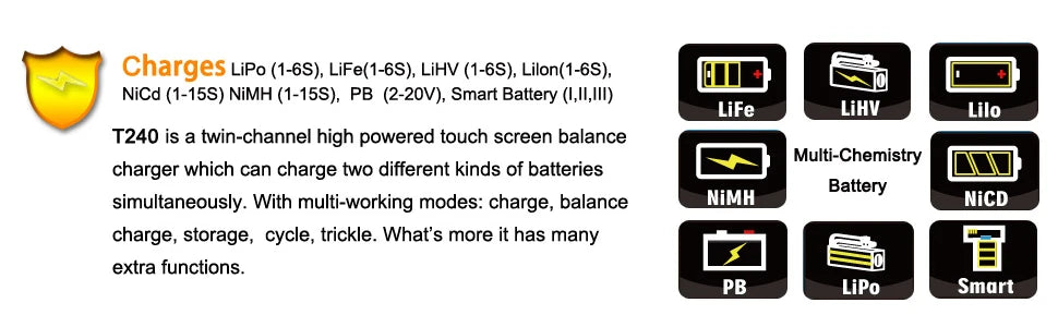 HTRC T240 Duo Lipo Charger - Battery Discharger Dual Channel AC 150W DC 240W Touch Screen RC Charger for Model Car Toy 16 HTRC T240 Duo Lipo Charger, LiFe LiHV Lilo T240 is a twin-channel high powered