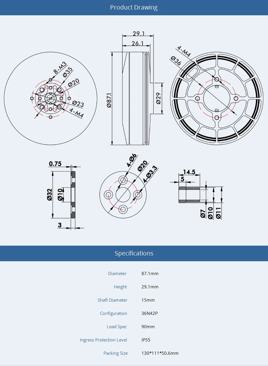 T-motor, 8 8 6 8 Specifications Diameter 87.1mm Height 29.1mm Shaft Dia