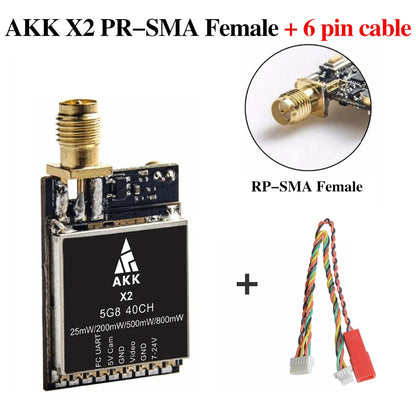 AKK X2P/X2 5.8Ghz 40CH VTX, AKK X2 PR-SMA Female + 6 pin cable RP SMA Female