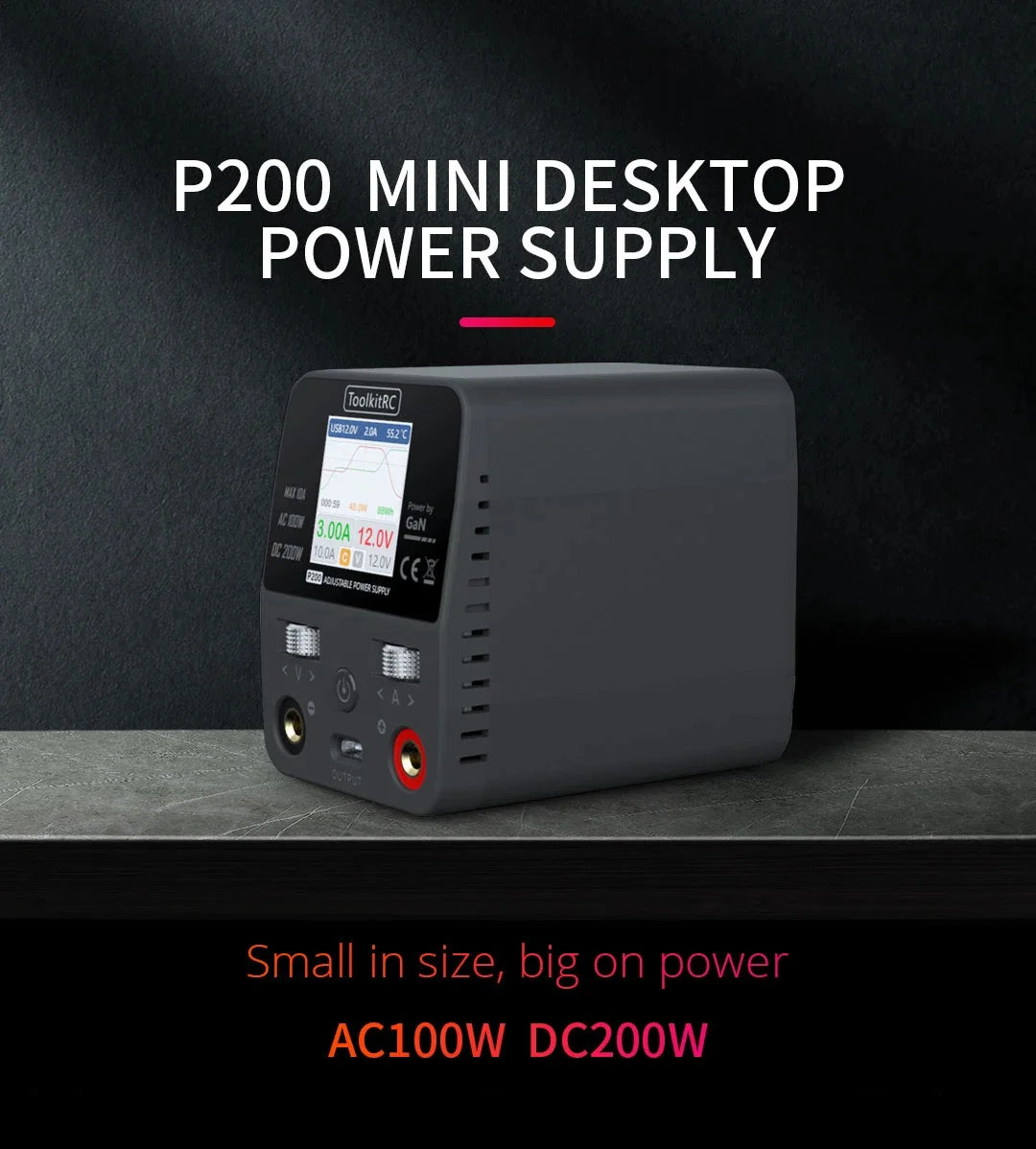 ToolkitRC P200 Mini 30V AC100W DC200W 10A GaN Adjustable Mini Desktop Power Supply USB Output ToolkitRC P200 Power Supply -