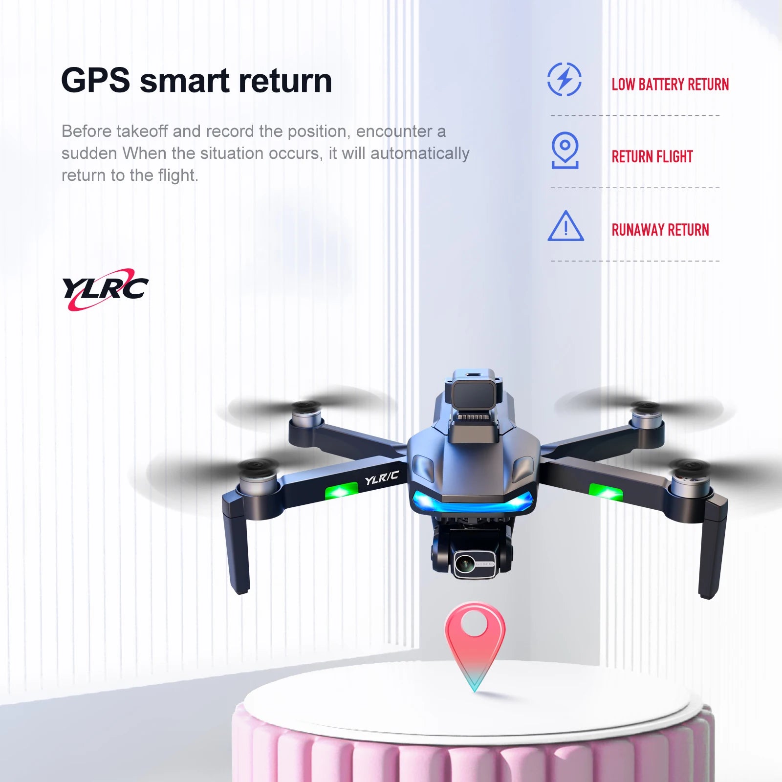 S135 Drone, GPS smart return LOW BATTERY RETURN Before takeoff and record the position