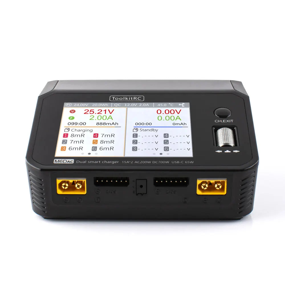 ToolkitRC M6DAC Charger - 350W x 2 USB-C 65W AC DC Dual Smart Charger Discharger Battery Balance for 1-6S Lipo LiHV Lion NiMh Pb Cell 18 ToolkitRC M6DAC Charger, MGDA Dual smant chargei 154*? Aczoow D