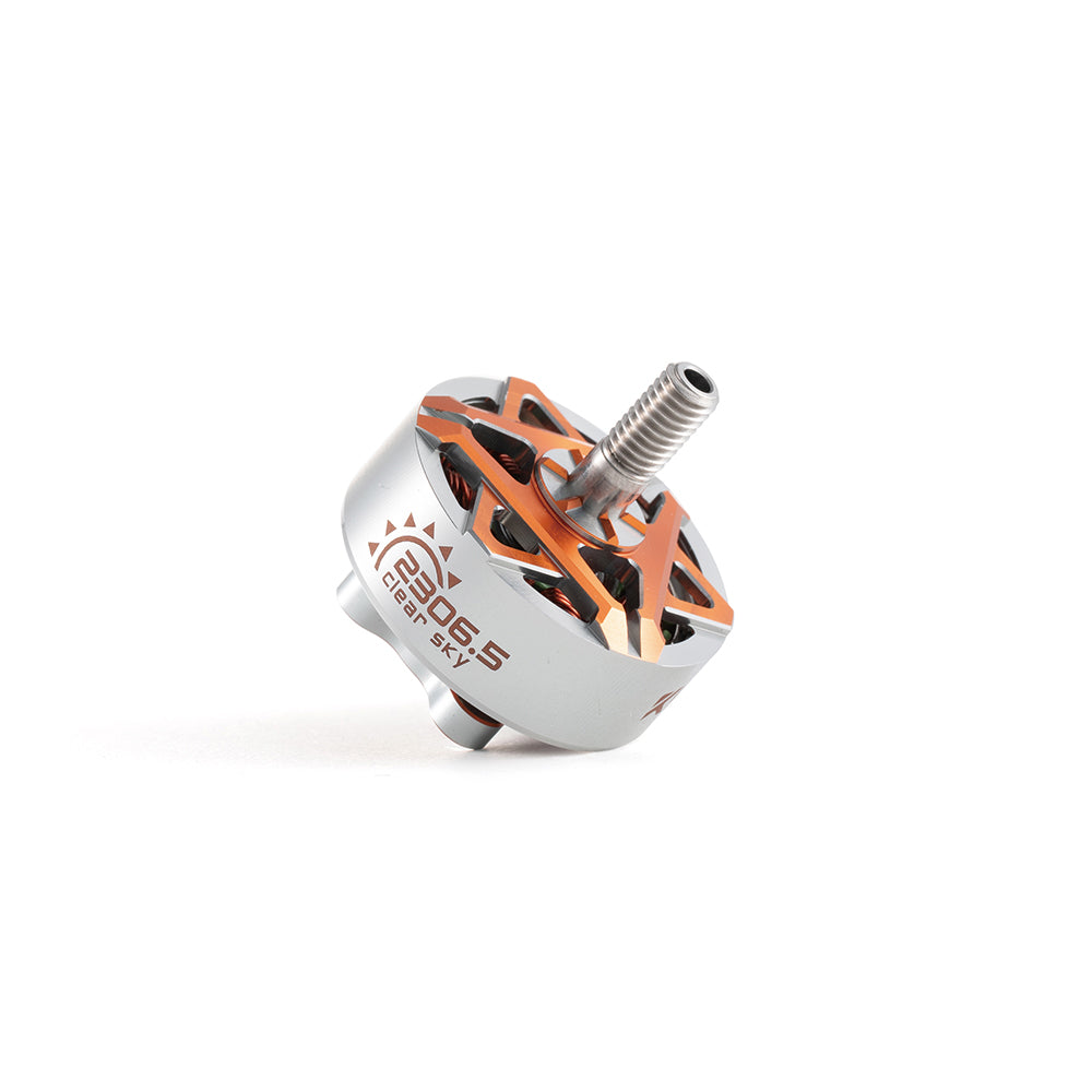 MAD KONKER Clear Sky 2306.5 FPV Motor, MAD KONKER Clear Sky 2306.5 FPV brushless motor with silver can, orange rotor and threaded prop shaft