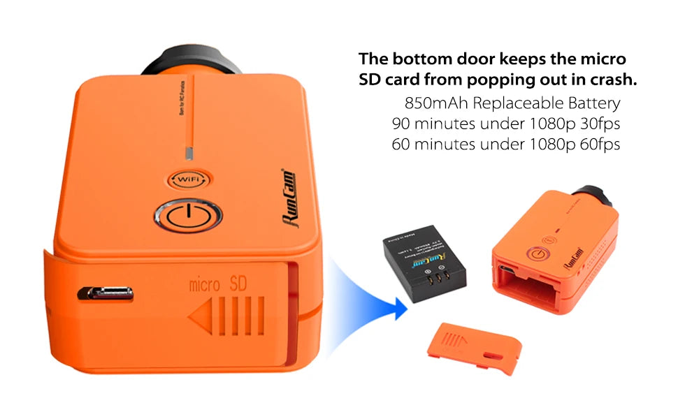 RunCam2 Black Light Action Mini Outdoor Sport Drone Shooting Video Camera Recorder 1080P 60FPS HD Wi-Fi APP Replaceable Battery 11 850mAh Replaceable Battery 90 minutes under 108Op 30fps 60 minutes