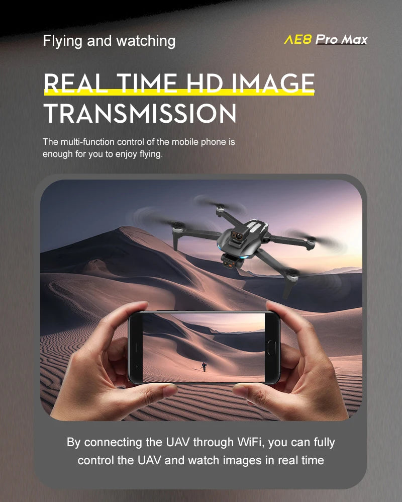 AE8 Pro Max Drone, AE8 Pro Max REAL TIME HD IMAGE TRANSMISSION By connecting the