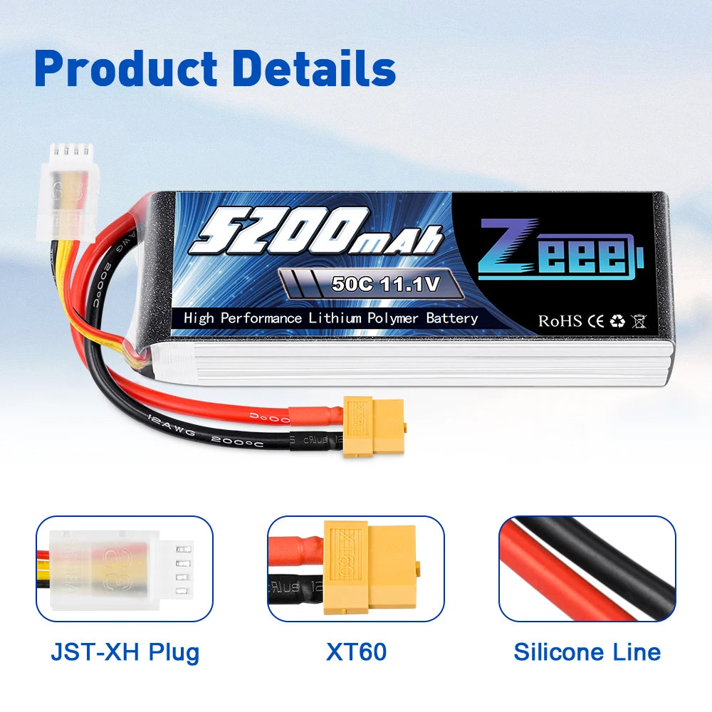 Zeee 3S Lipo Battery, Wus JST-XH Plug XT6O Silicone Line 36ge L