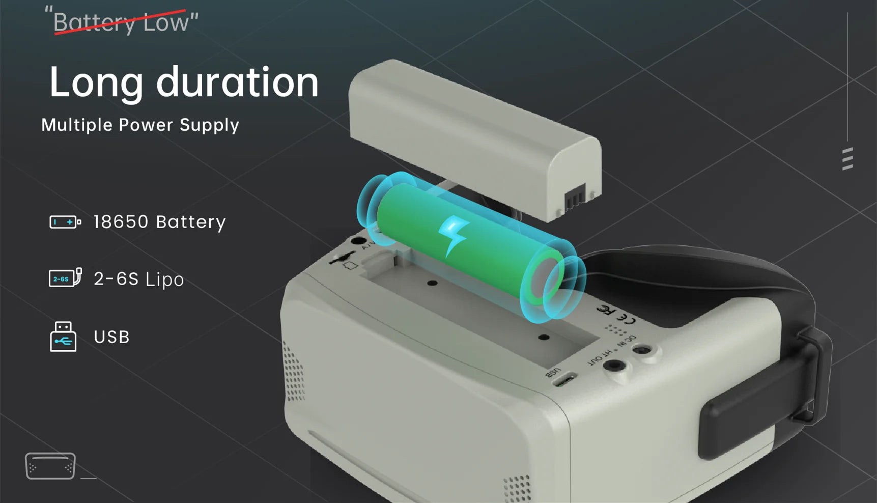 SKYZONE Cobra V2 FPV Goggles - X / SD 800x480 4.3inch 1280x720 4.1inch 5.8G 48CH RapidMix Receiver Head Tracker DVR FPV Glasses FPV Goggles for FPV Drone 11 SKYZONE Cobra V2 FPV Goggle, Battery Low" Long duration Multiple Power Supply 18650 Battery 2-65 2-65 USB Lipo 43