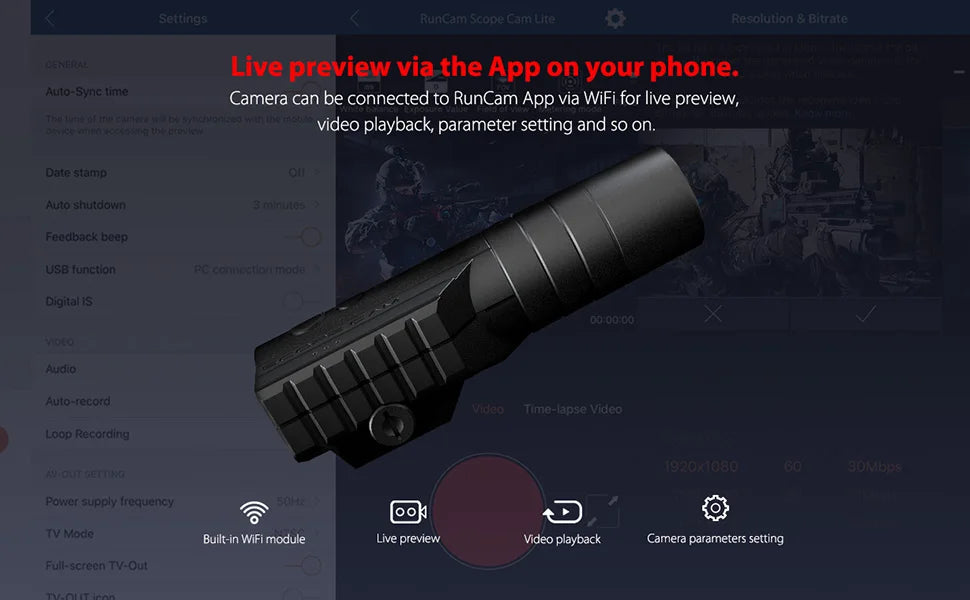 RunCam Scope Cam Lite 1080P HD Built-in WiFi APP Scopecam 2 Military Airsoft Tactical Paintbal Hunting Action Zoom Camera 14 Aulo Syne !ime Camera can be connected to RunCam App via WiFi