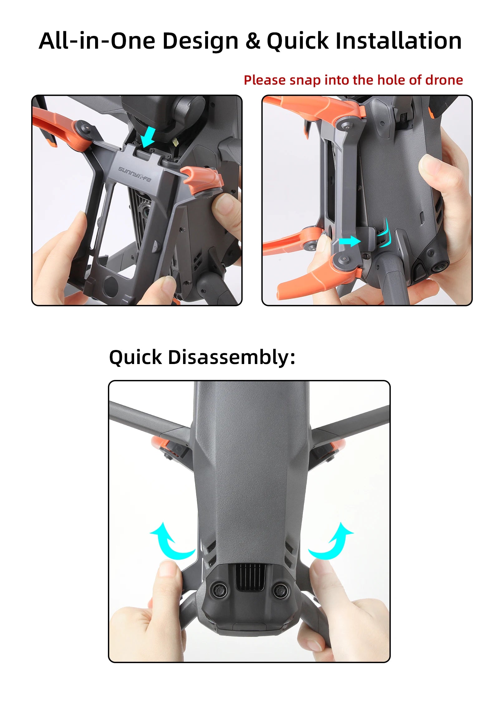 All-in-One Design & Quick Installation Please snap into the hole of drone .