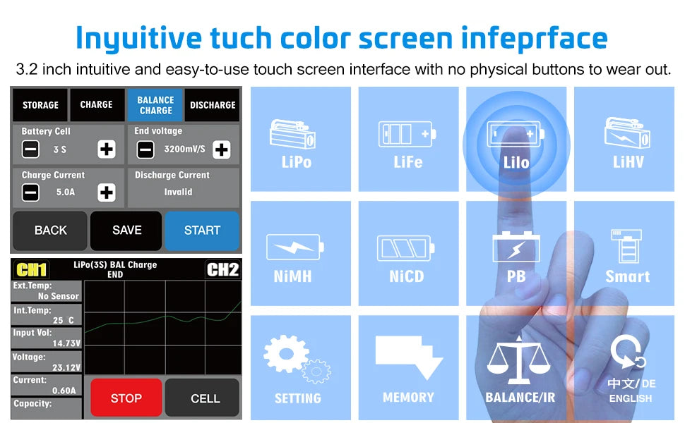 HTRC T240 Duo Lipo Charger - Battery Discharger Dual Channel AC 150W DC 240W Touch Screen RC Charger for Model Car Toy 15 HTRC T240 Duo Lipo Charger, easy-to-use touch screen interface with no physical buttons to wear out: 3.2 inch