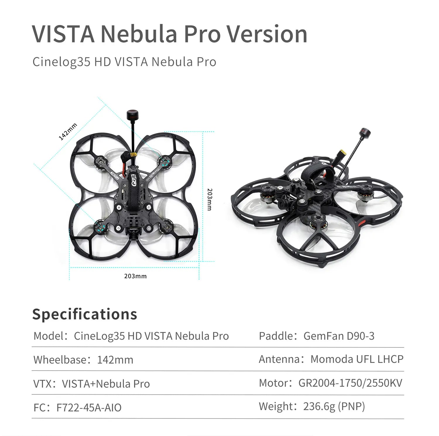 GEPRC CineLog35 FPV Drone, Cinelog35 HD VISTA Nebula Pro Version 1 203mm Specifications Model