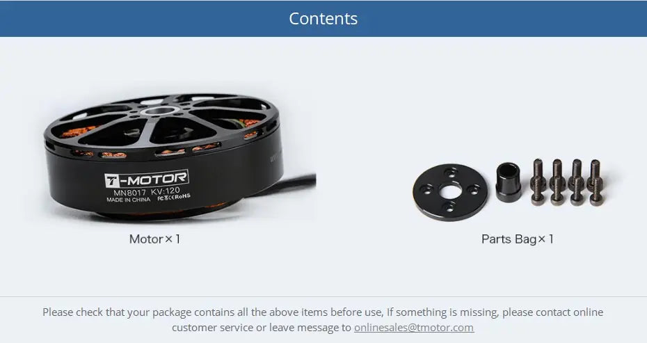 T-motor MN8017 KV120 Motor, if something is missing, please contact online customer service or leave message
