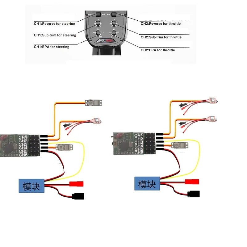 DumboRC X6 X4 X6P 2.4G 6CH Transmitter, CHT Reverse steering CH2 Reverse for lhrotlle CHI Sub