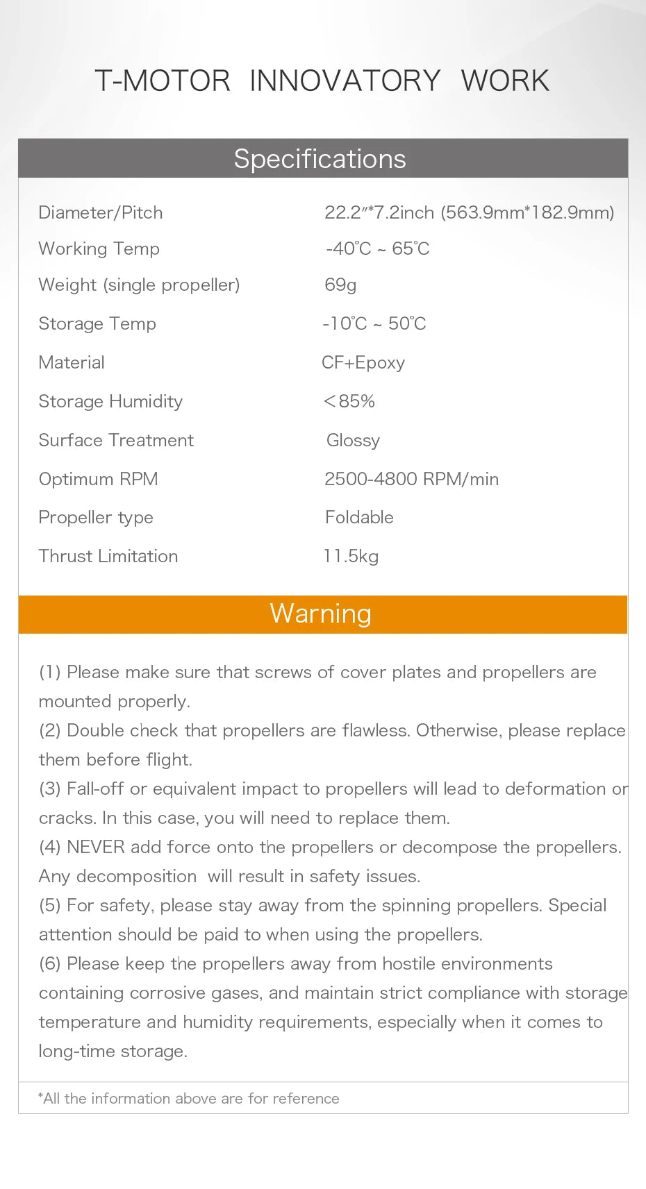 T-motor FA22.2x7.2 Folding Propeller, T-MOTOR INNOVATORY WORK Specifications Diameter/Pitch 22.2