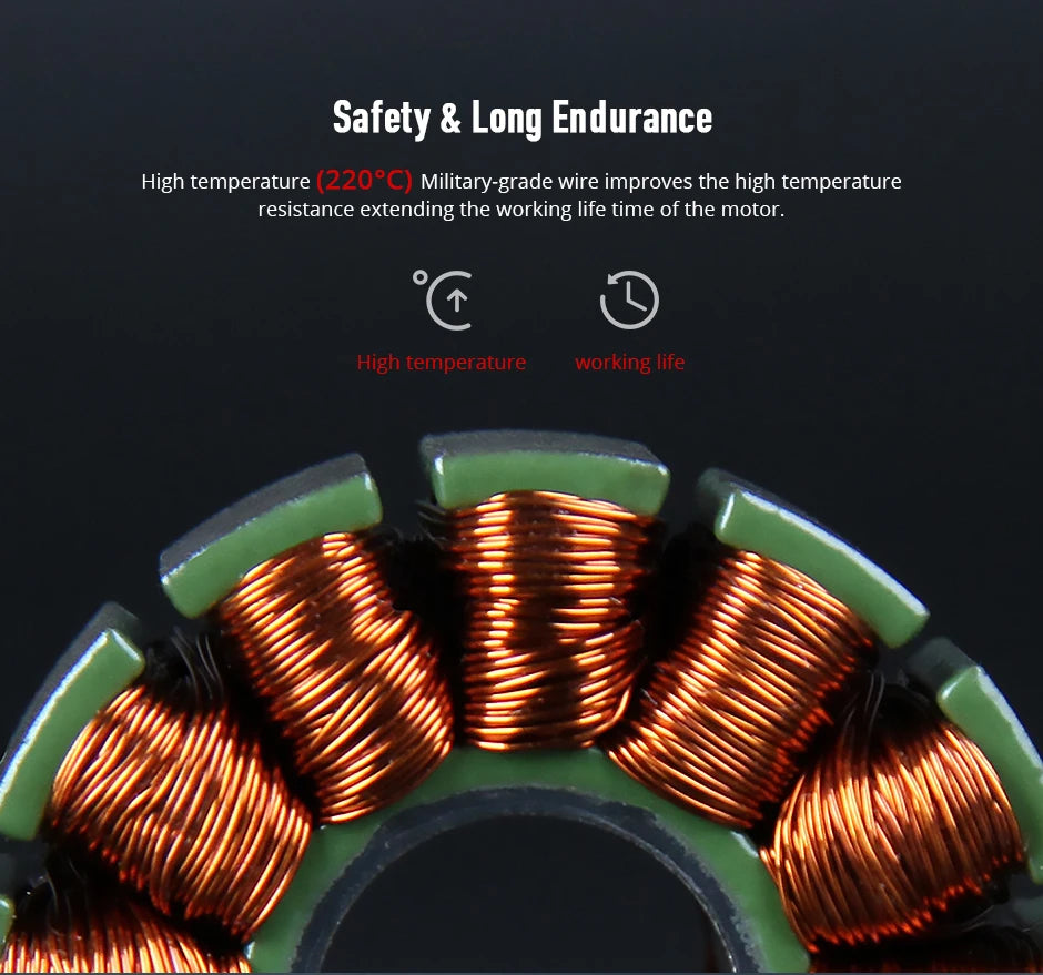 T-motor, Military-grade wire improves the high temperature resistance extending the working life time of the motor