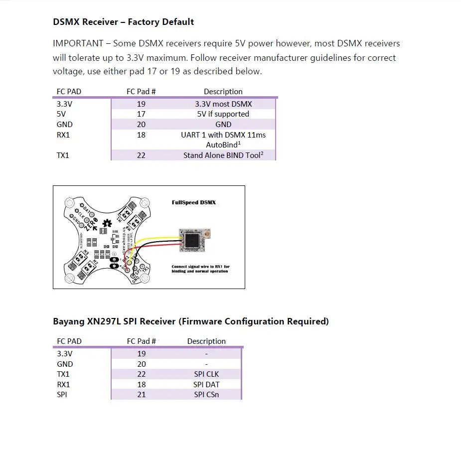 AlienWhoop ZER0 Brushed Flight Controller, Follow receiver manufacturer guidelines for correct voltage, use either 17 or 19 . most DSMX