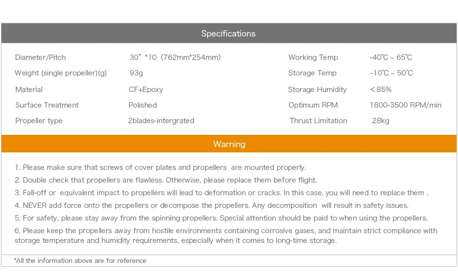 T-motor P30*10 Prop, fall-off or equivalent impact to propellers will lead to deformation or cracks