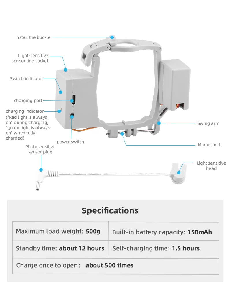 the buckle Light-sensitive sensor line socket Switch indicator charging port charging indicator- ("Red light