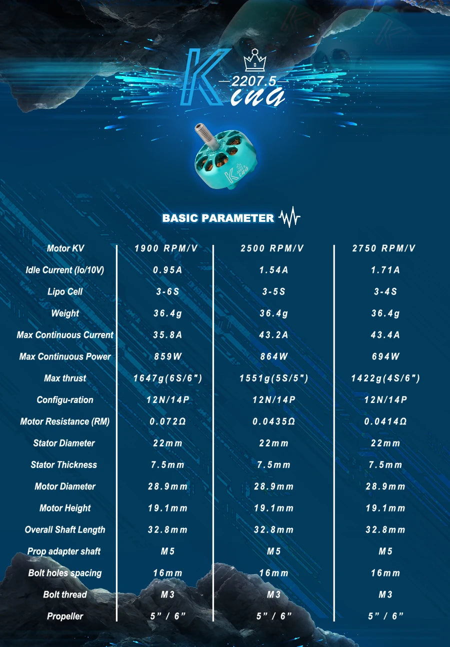 4PCS Flashhobby King Series K2207.5 2750KV 2550KV 1900KV 3-6S Brushless Motor for RC FPV Racing Freestyle 5/6Inch 4S 6S Drones 10 K 2207.5 L6t BASIC PARAMETER Motor KV 1900 RPMIV